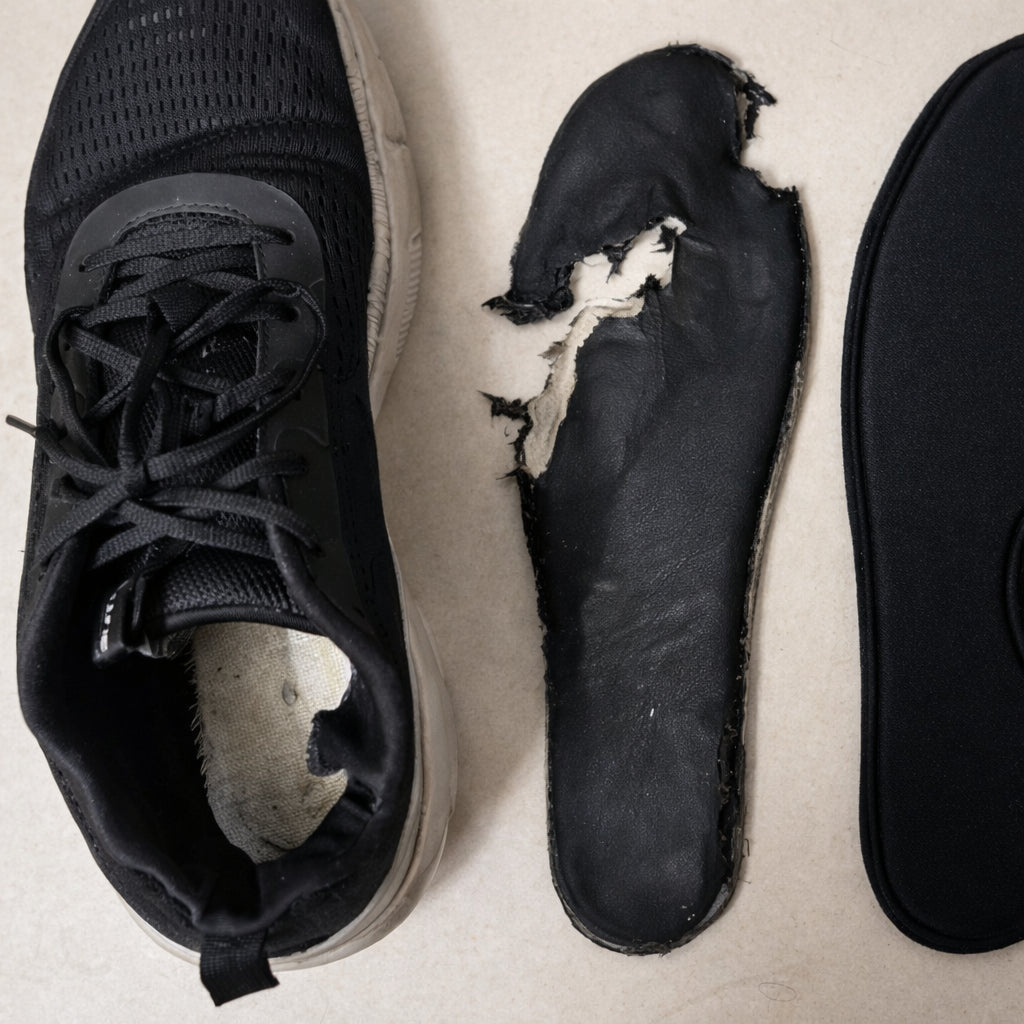 Worn out work shoes with collapsed insoles